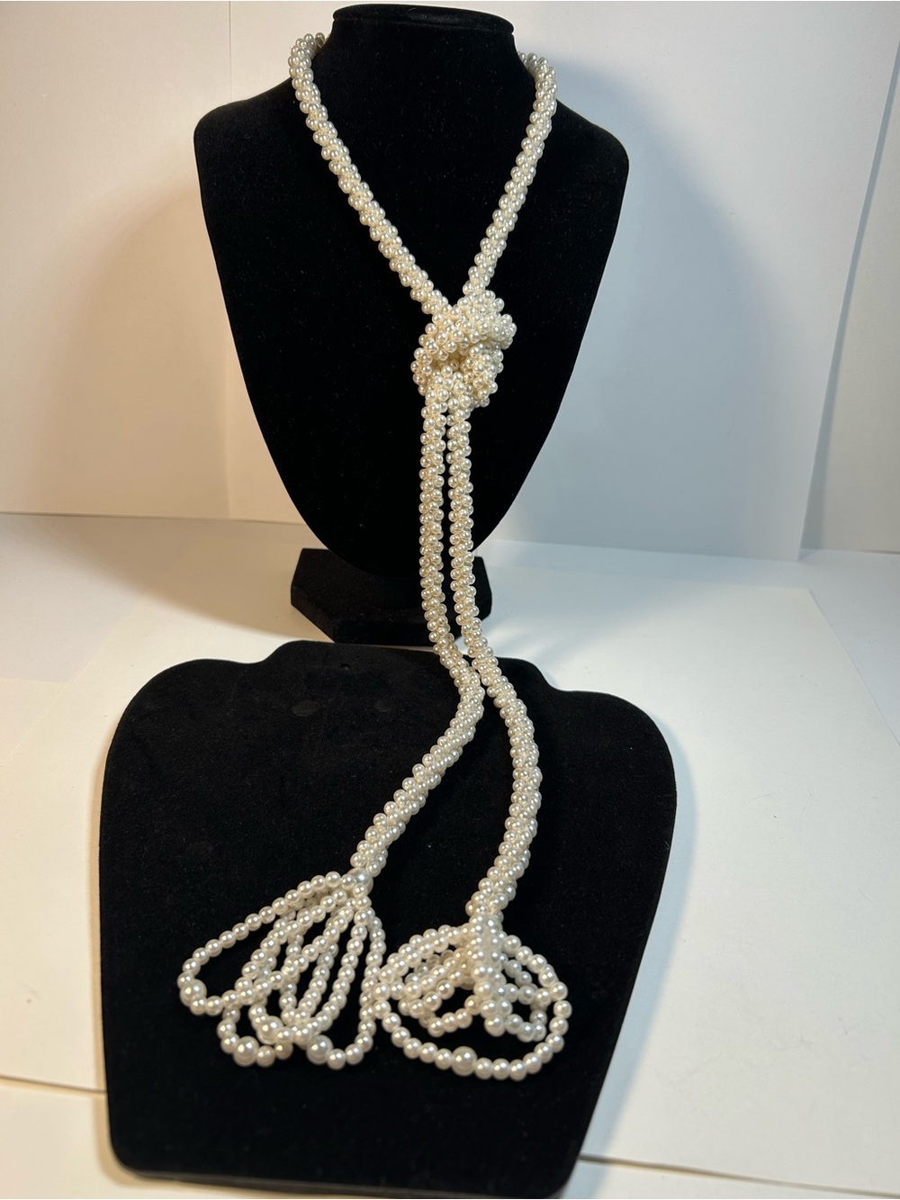 Elegant Ivory Pearl Rope Necklace with Knot Detail braided Tassel Lariat 48”